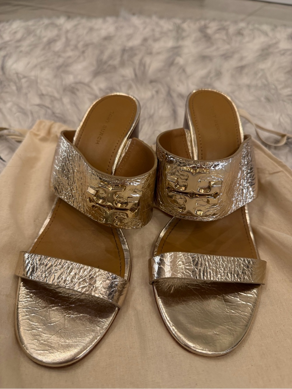 Tory Burch Metallic Silver Leather Slide Sandals